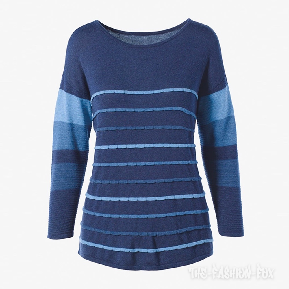 Chico's Touch of Cashmere Striped Sweater Indigo Blue Women's Size 1 8/10 M NWT